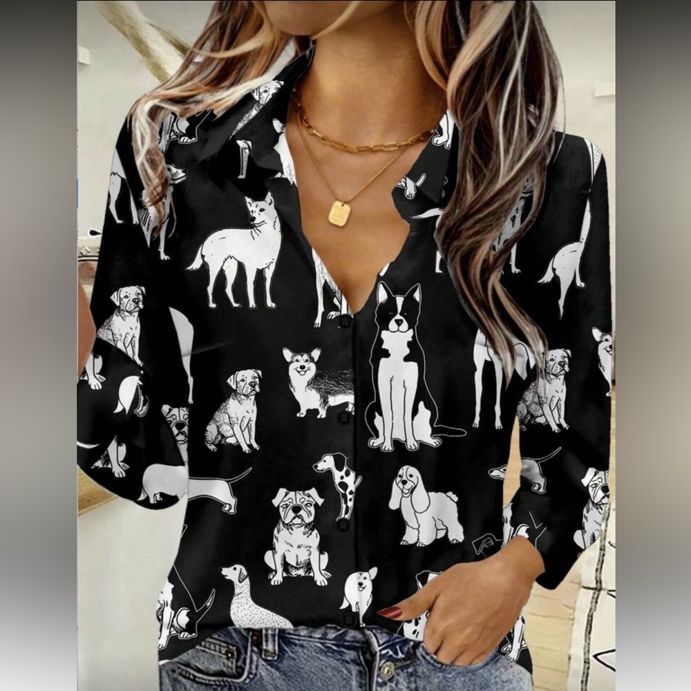 Black Dog Print Top Blouse Button Up Down Shirt